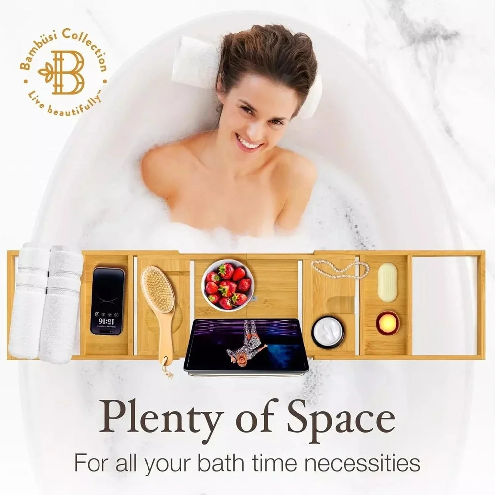 NEW -‎ Bamboo Bathtub Tray Table - Collapsible & Adjustable Bathtub Caddy